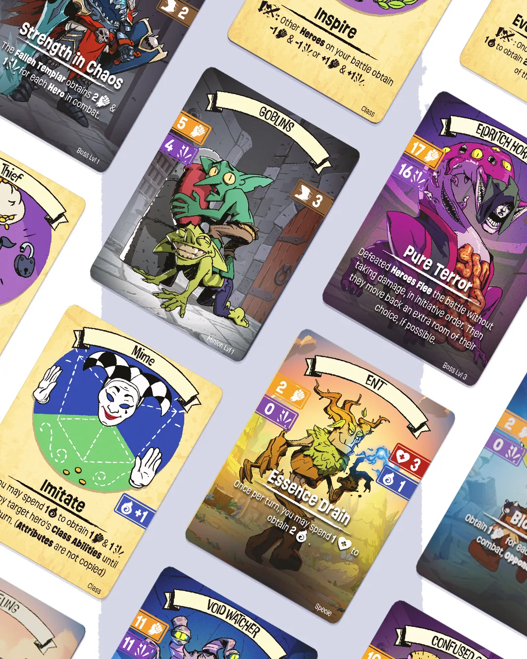 A spread of Run For The Clan item and hero cards