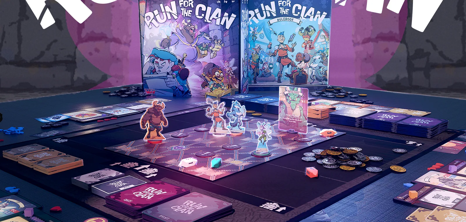 Run For The Clan box, rulebook and components on the table